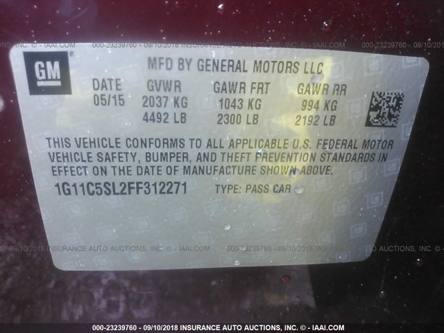 1G11C5SL2FF312271 - 2015 CHEVROLET MALIBU 1LT BURGUNDY photo 9