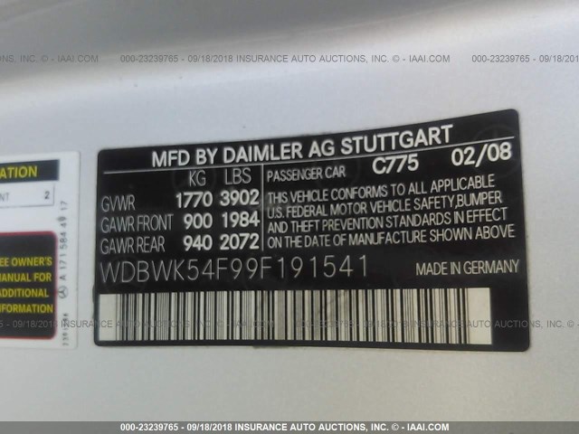 WDBWK54F99F191541 - 2009 MERCEDES-BENZ SLK 300 SILVER photo 9