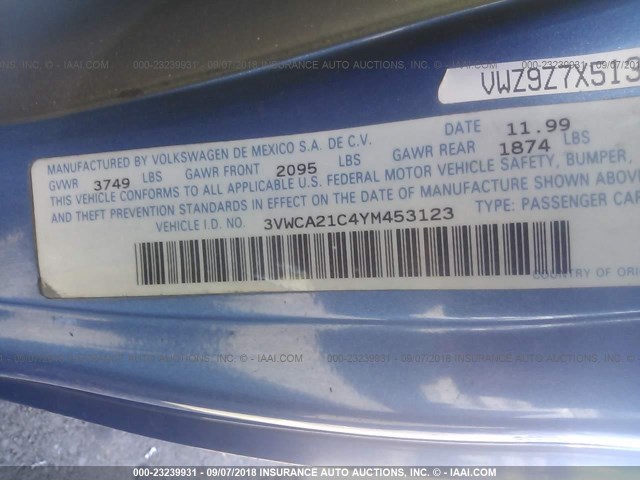 3VWCA21C4YM453123 - 2000 VOLKSWAGEN NEW BEETLE GLS BLUE photo 9