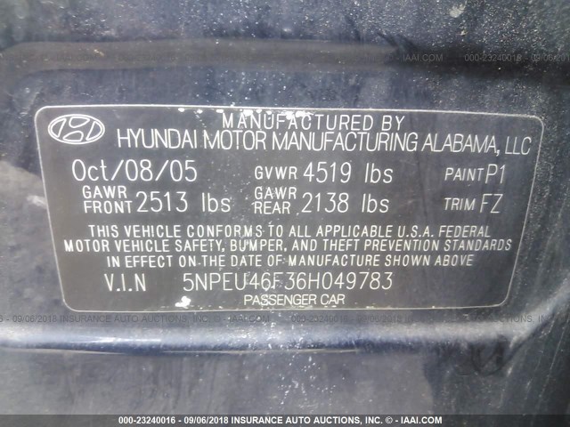 5NPEU46F36H049783 - 2006 HYUNDAI SONATA GLS/LX Dark Blue photo 9