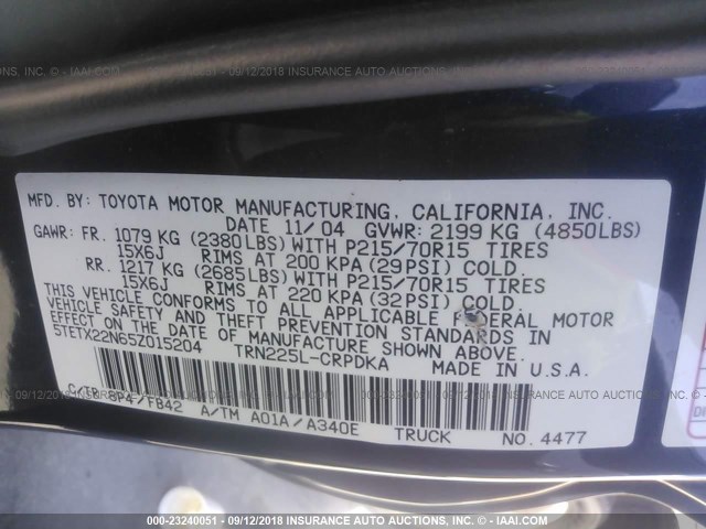 5TETX22N65Z015204 - 2005 TOYOTA TACOMA ACCESS CAB BLUE photo 9