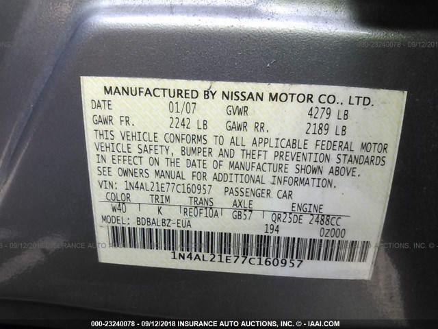 1N4AL21E77C160957 - 2007 NISSAN ALTIMA 2.5/2.5S SILVER photo 9