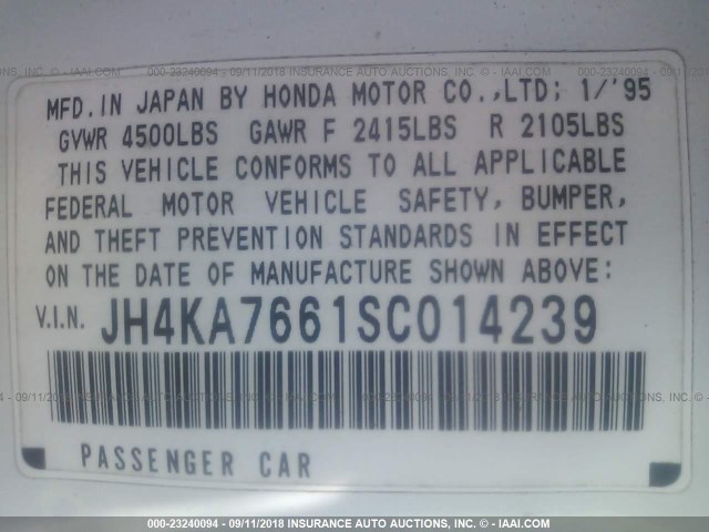 JH4KA7661SC014239 - 1995 ACURA LEGEND L WHITE photo 9