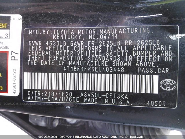 4T1BF1FK6EU403448 - 2014 TOYOTA CAMRY L/SE/LE/XLE Qara foto 9