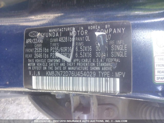 KM8JN72D76U454029 - 2006 HYUNDAI TUCSON GLS/LIMITED BLUE photo 9