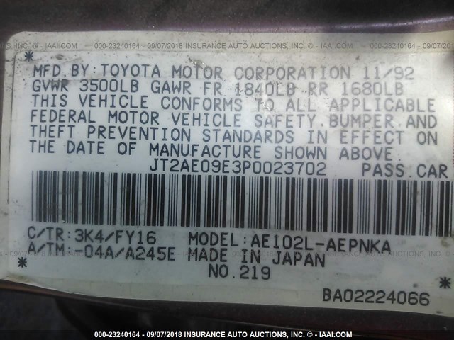 JT2AE09E3P0023702 - 1993 TOYOTA COROLLA LE/DX RED photo 9