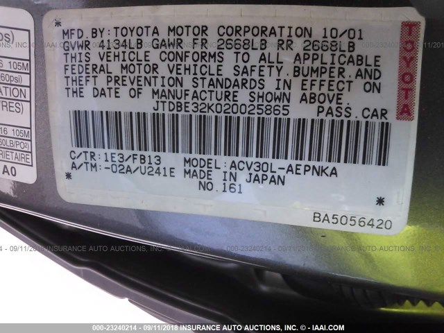 JTDBE32K020025865 - 2002 TOYOTA CAMRY LE/XLE/SE 灰色 照片 9