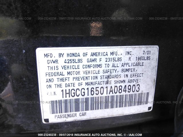1HGCG16501A084903 - 2001 HONDA ACCORD EX BLACK photo 9