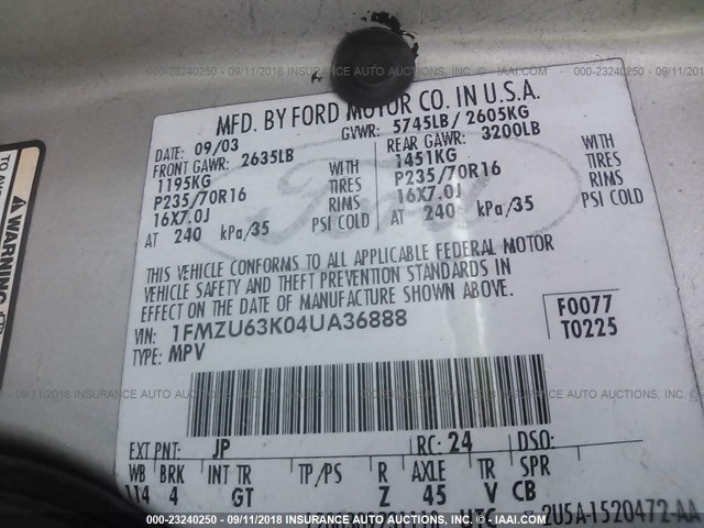 1FMZU63K04UA36888 - 2004 FORD EXPLORER XLT/XLT SPORT/NBX 灰色 照片 9