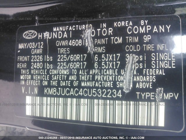 KM8JUCAC4CU532234 - 2012 HYUNDAI TUCSON GLS/LIMITED 黑色 照片 9