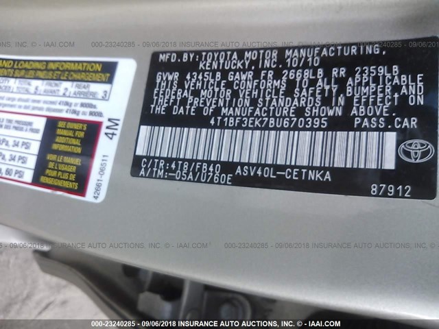 4T1BF3EK7BU670395 - 2011 TOYOTA CAMRY SE/LE/XLE ოქროსფერი ფოტო 9