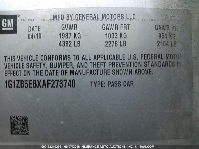 1G1ZB5EBXAF273740 - 2010 CHEVROLET MALIBU LS ვერცხლისფერი ფოტო 9