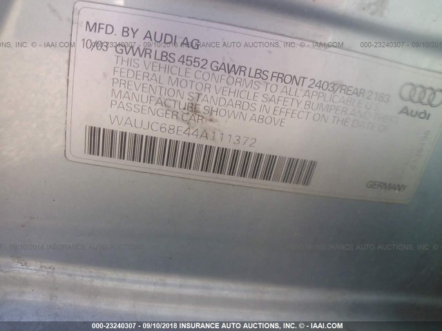 WAUJC68E44A111372 - 2004 AUDI A4 1.8T Light Blue photo 9