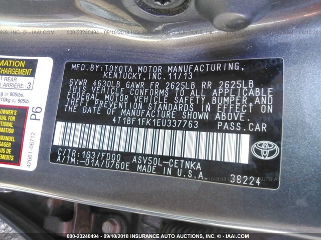 4T1BF1FK1EU337763 - 2014 TOYOTA CAMRY L/SE/LE/XLE Boz foto 9