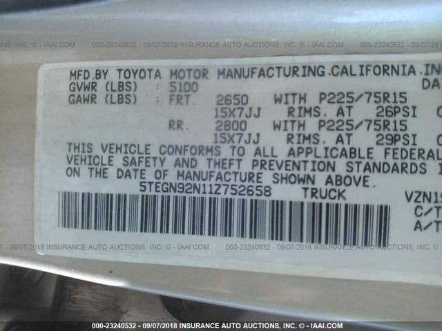 5TEGN92N11Z752658 - 2001 TOYOTA TACOMA DOUBLE CAB PRERUNNER GOLD photo 9