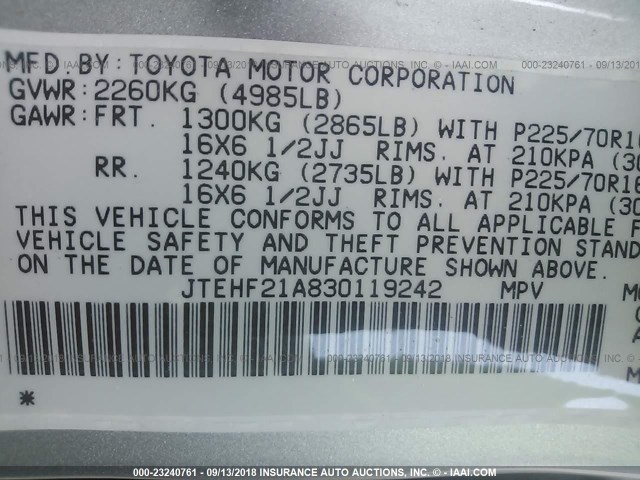 JTEHF21A830119242 - 2003 TOYOTA HIGHLANDER LIMITED SILVER photo 9