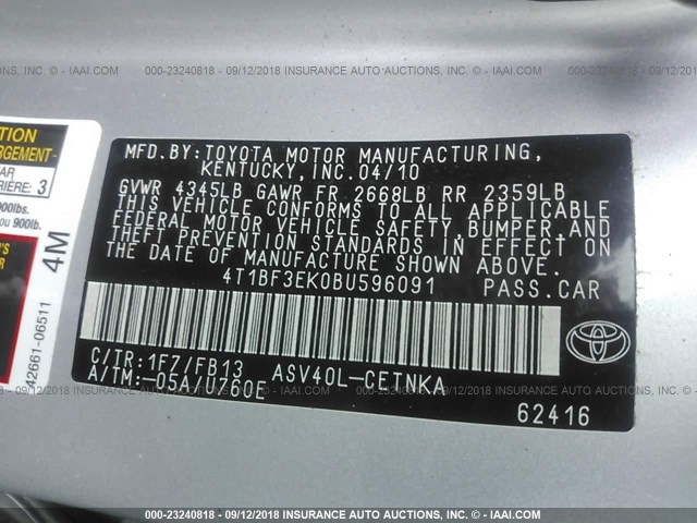 4T1BF3EK0BU596091 - 2011 TOYOTA CAMRY SE/LE/XLE ვერცხლისფერი ფოტო 9