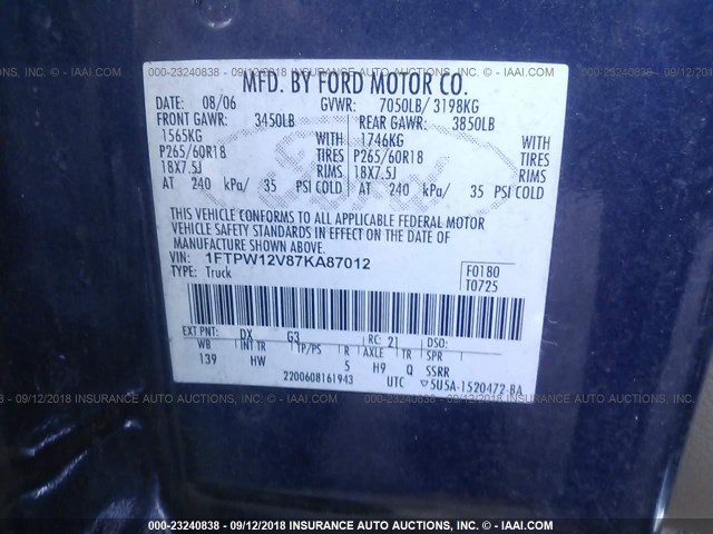 1FTPW12V87KA87012 - 2007 FORD F150 SUPERCREW BLUE photo 9