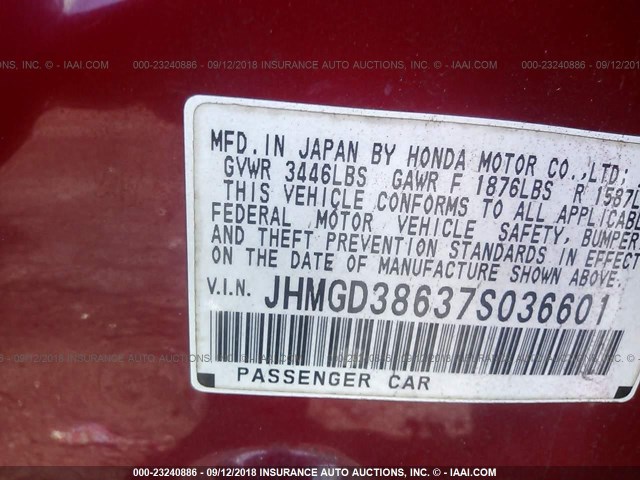 JHMGD38637S036601 - 2007 HONDA FIT S 红色 照片 9