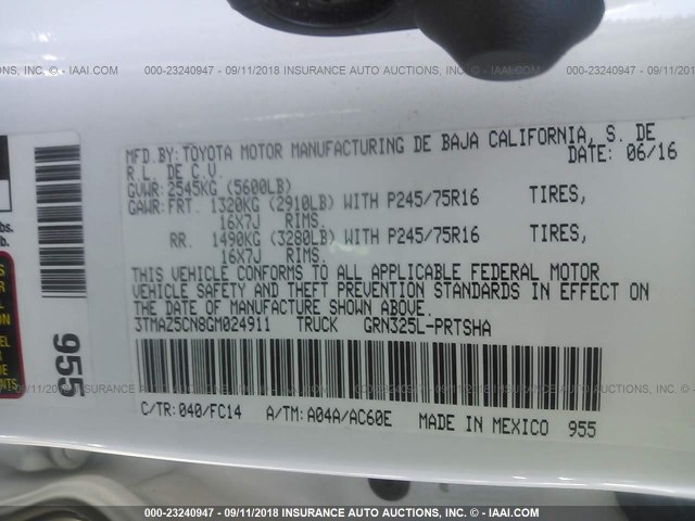 3TMAZ5CN8GM024911 - 2016 TOYOTA TACOMA DBL CAB/SR5/TRD SPORT/OR WHITE photo 9