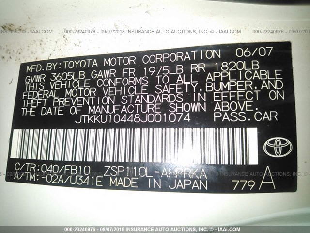 JTKKU10448J001074 - 2008 TOYOTA SCION XD WHITE photo 9