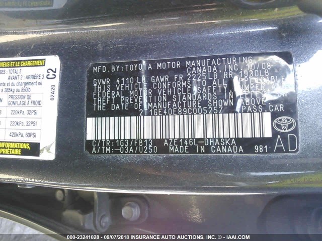 2T1GE40E89C005257 - 2009 TOYOTA COROLLA MATRIX XRS 灰色 照片 9