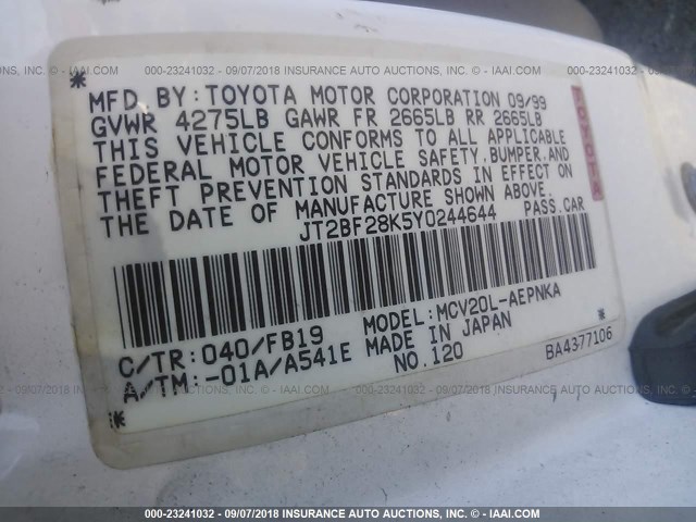 JT2BF28K5Y0244644 - 2000 TOYOTA CAMRY LE/XLE WHITE photo 9
