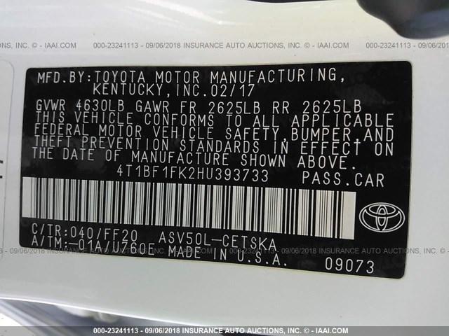 4T1BF1FK2HU393733 - 2017 TOYOTA CAMRY LE/XLE/SE/XSE 白色 照片 9