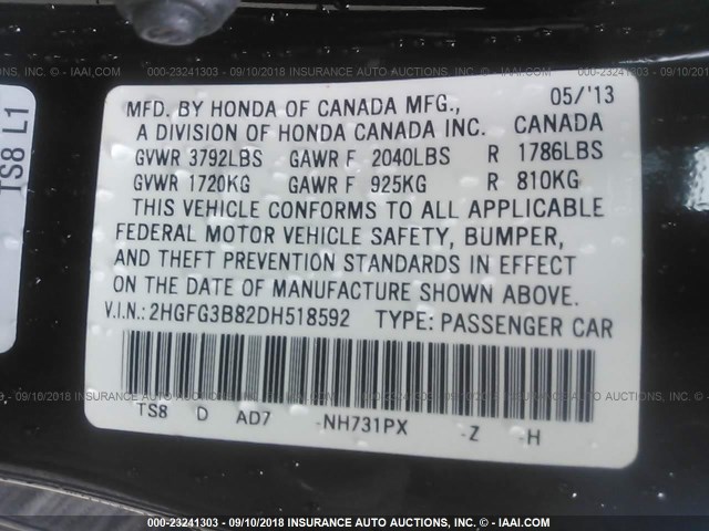 2HGFG3B82DH518592 - 2013 HONDA CIVIC EX BLACK photo 9