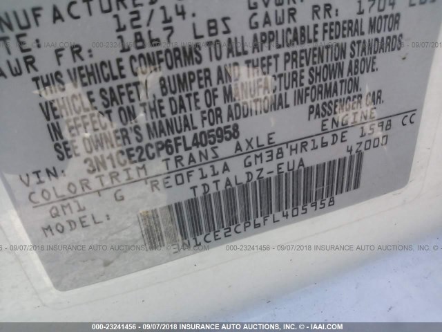 3N1CE2CP6FL405958 - 2015 NISSAN VERSA NOTE S/S PLUS/SV/SL/SR WHITE photo 9