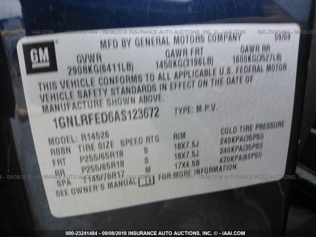 1GNLRFED6AS123672 - 2010 CHEVROLET TRAVERSE LT BLUE photo 9