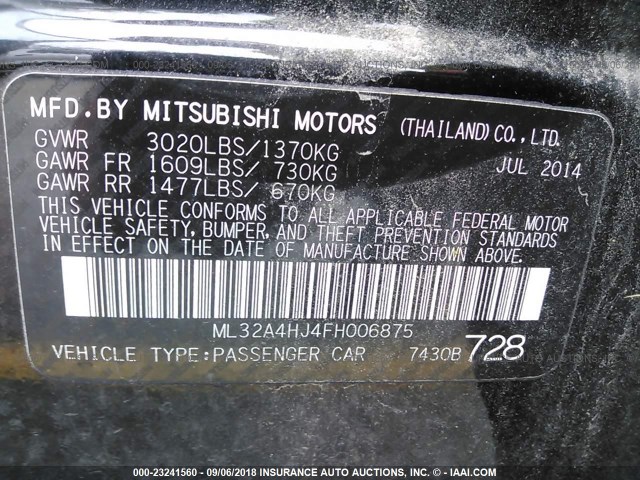 ML32A4HJ4FH006875 - 2015 MITSUBISHI MIRAGE ES BLACK photo 9
