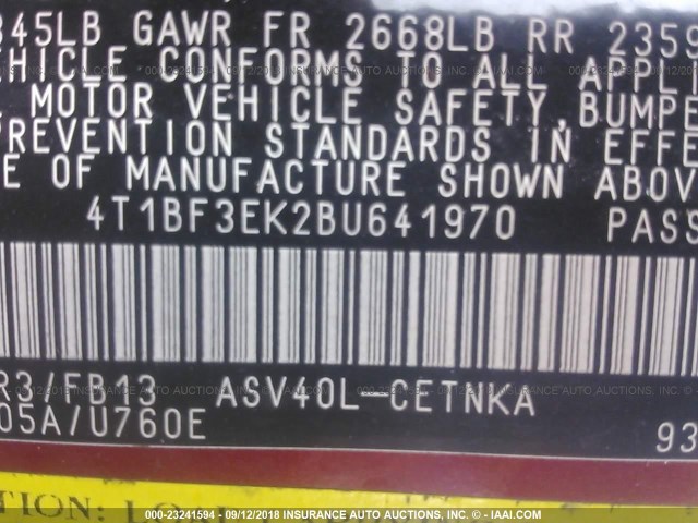 4T1BF3EK2BU641970 - 2011 TOYOTA CAMRY SE/LE/XLE 红色 照片 9