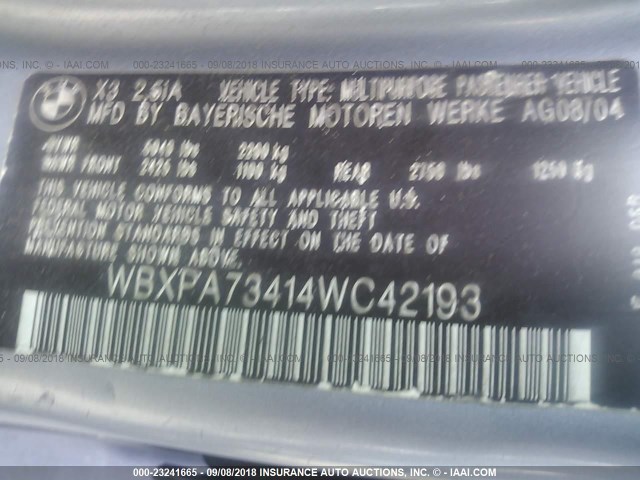 WBXPA73414WC42193 - 2004 BMW X3 2.5I Light Blue photo 9