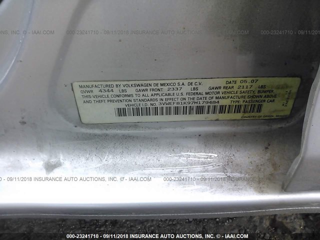 3VWEF81K97M179484 - 2007 VOLKSWAGEN JETTA WOLFSBURG 银色 照片 9