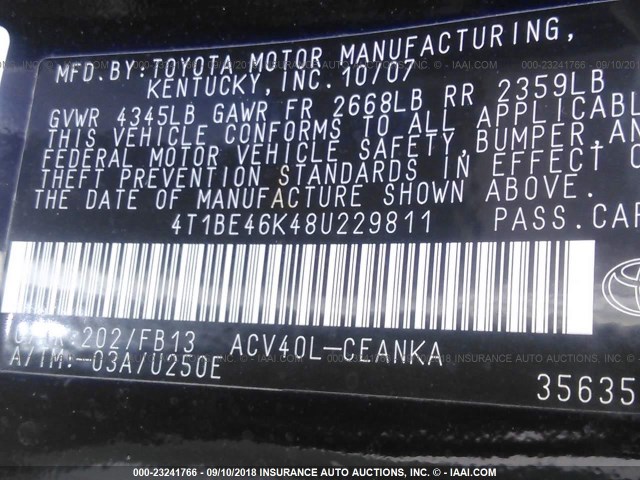 4T1BE46K48U229811 - 2008 TOYOTA CAMRY CE/LE/XLE/SE BLACK photo 9