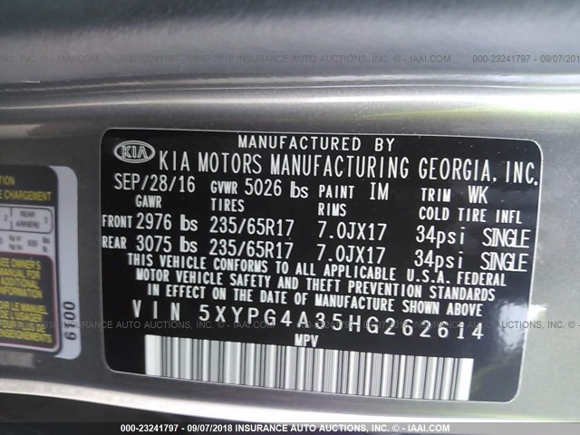 5XYPG4A35HG262614 - 2017 KIA SORENTO LX/L GRAY photo 9