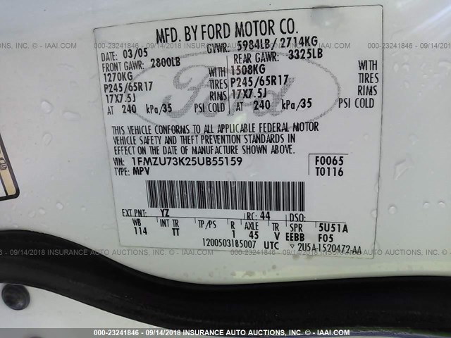 1FMZU73K25UB55159 - 2005 FORD EXPLORER XLT/XLT SPORT/NBX 白色 照片 9