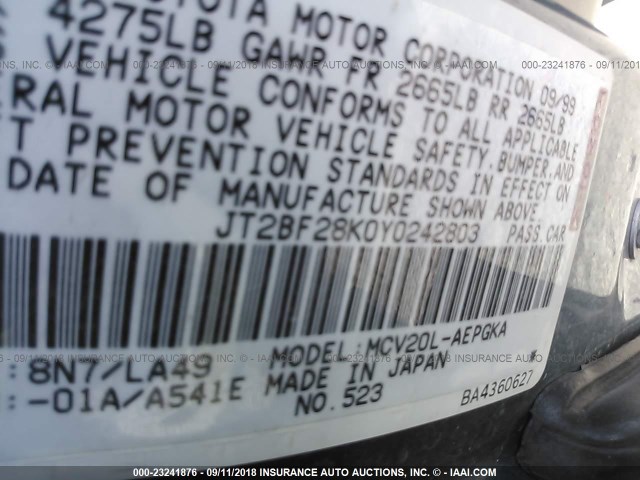 JT2BF28K0Y0242803 - 2000 TOYOTA CAMRY LE/XLE BLUE photo 9