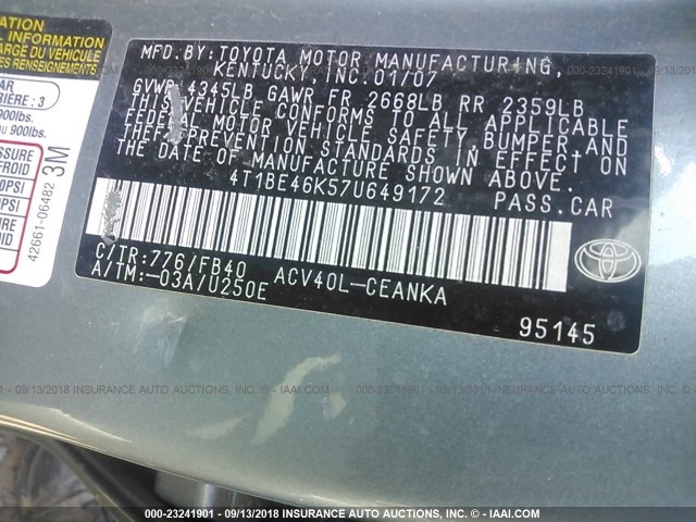 4T1BE46K57U649172 - 2007 TOYOTA CAMRY NEW GENERAT CE/LE/XLE/SE GREEN photo 9