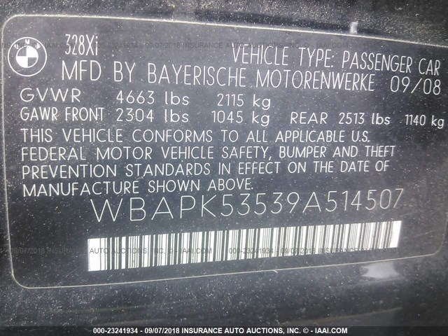 WBAPK53539A514507 - 2009 BMW 328 XI SULEV BLACK photo 9