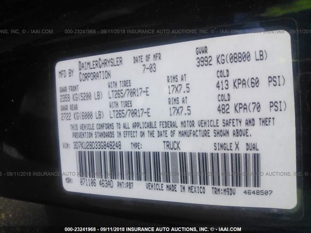 3D7KU28D33G848248 - 2003 DODGE RAM 2500 ST/SLT 蓝色 照片 9