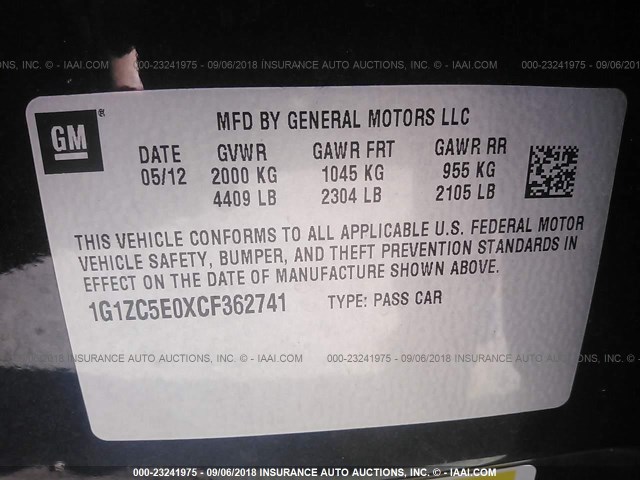 1G1ZC5E0XCF362741 - 2012 CHEVROLET MALIBU 1LT BLACK photo 9