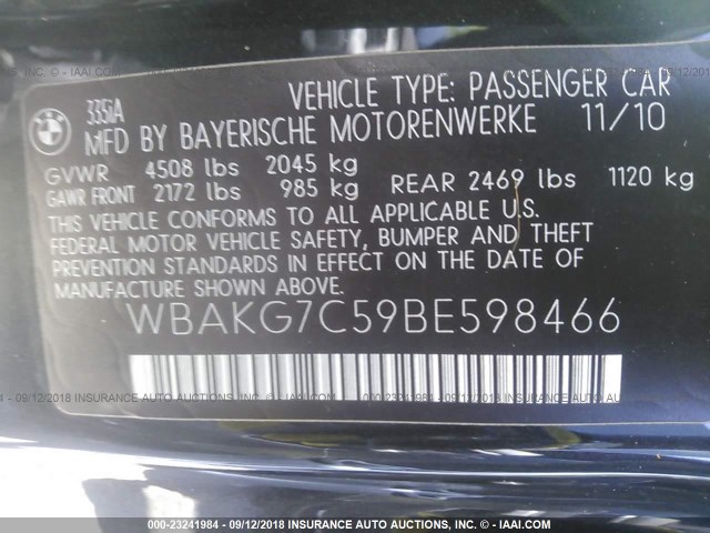 WBAKG7C59BE598466 - 2011 BMW 335 I BLACK photo 9