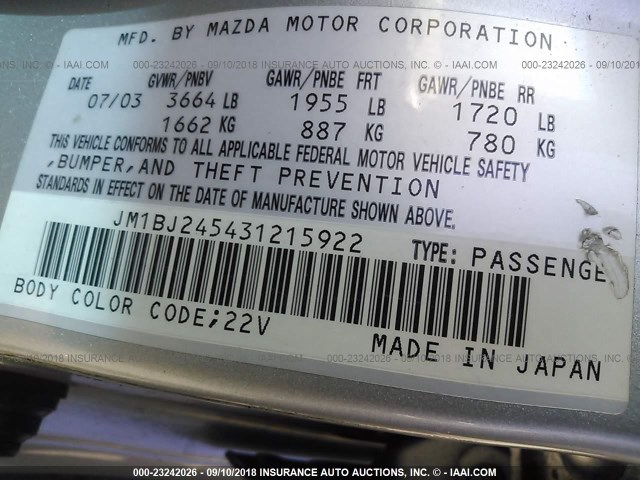 JM1BJ245431215922 - 2003 MAZDA PROTEGE PR5 SILVER photo 9