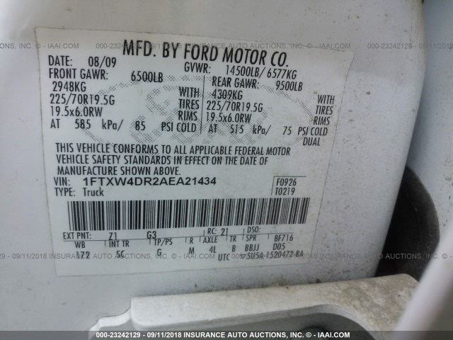 1FTXW4DR2AEA21434 - 2010 FORD F450 SUPER DUTY WHITE photo 9