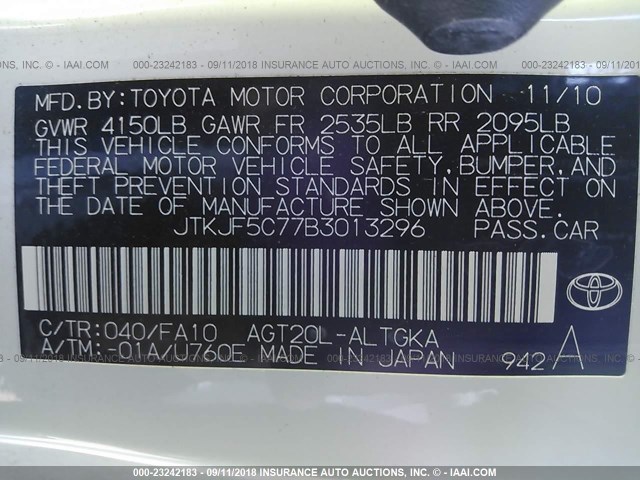 JTKJF5C77B3013296 - 2011 TOYOTA SCION TC 白色 照片 9