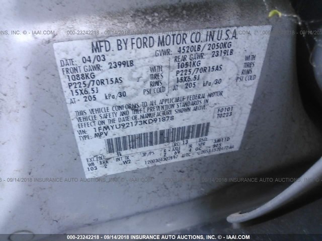 1FMYU92173KD91878 - 2003 FORD ESCAPE XLS SILVER photo 9