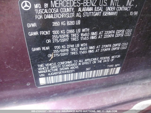 4JGAB72E1YA152371 - 2000 MERCEDES-BENZ ML 430 红色 照片 9