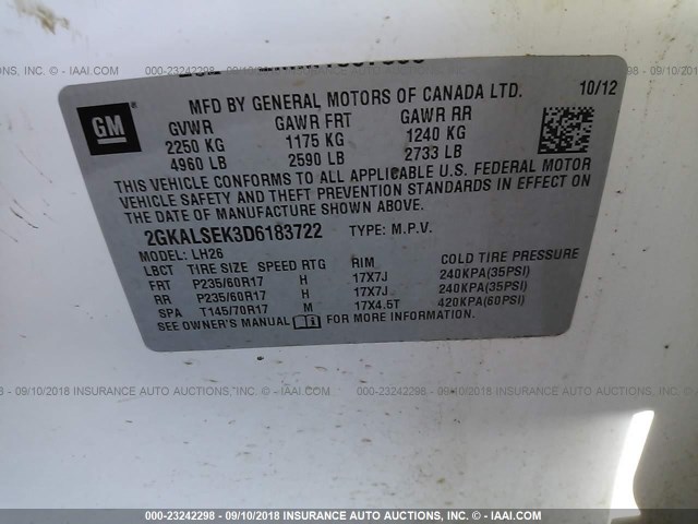 2GKALSEK3D6183722 - 2013 GMC TERRAIN SLE WHITE photo 9